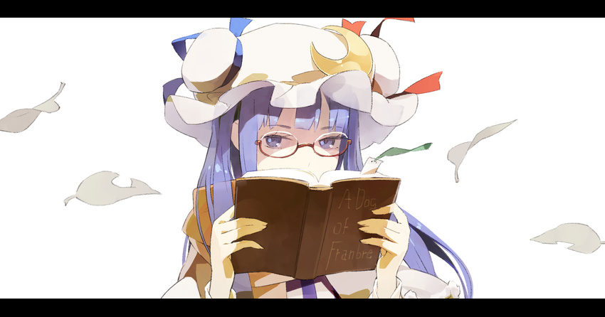 bespectacled book crescent glasses hat highres leaf letterboxed long_hair looking_at_viewer patchouli_knowledge purple_eyes purple_hair revision shihou_(g-o-s) simple_background solo touhou white_background