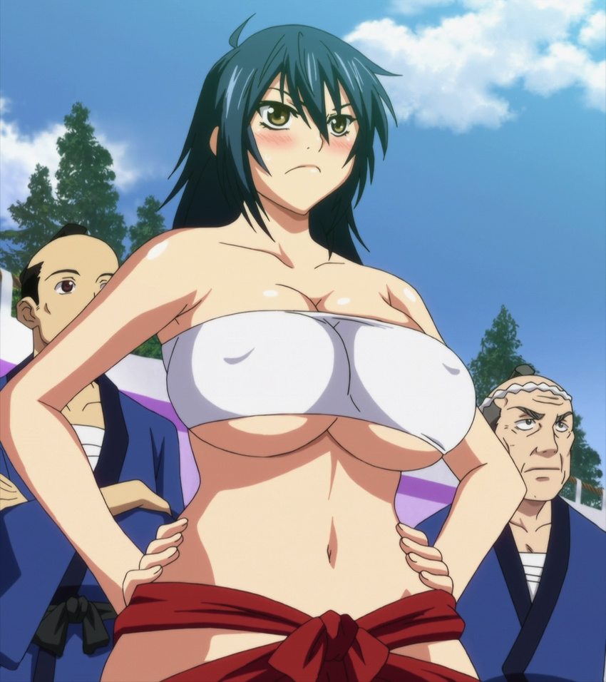 bare_shoulders black_hair blush breasts brown_eyes hands_on_hips highres huge_breasts long_hair manyuu_chifusa manyuu_hikenchou navel sarashi screencap serious underboob