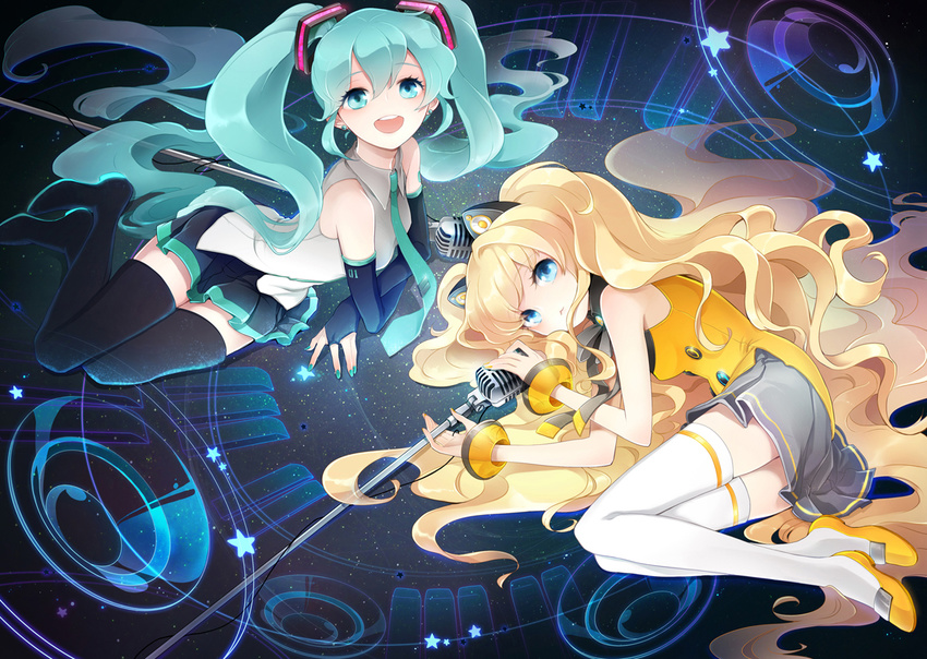 aqua_eyes aqua_hair bacu blonde_hair blue_eyes boots bridal_gauntlets earrings hatsune_miku jewelry long_hair lying microphone microphone_stand multiple_girls nail_polish necktie on_side open_mouth seeu skirt thigh_boots thighhighs twintails very_long_hair vocaloid