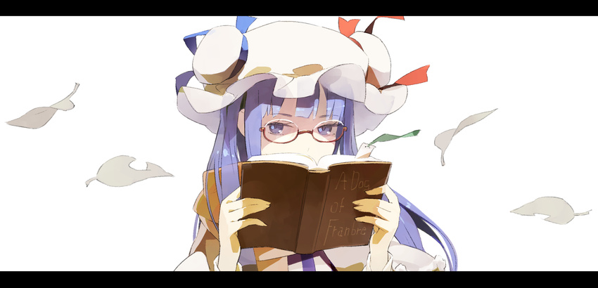 bespectacled book glasses hat highres leaf letterboxed long_hair looking_at_viewer md5_mismatch patchouli_knowledge purple_eyes purple_hair shihou_(g-o-s) simple_background solo touhou white_background