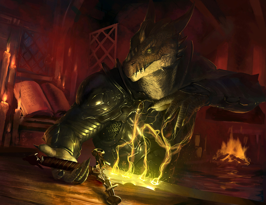 armor book candle claws detailed detailed_background dragon fangs green_eyes horn loculi magic runes sword weapon