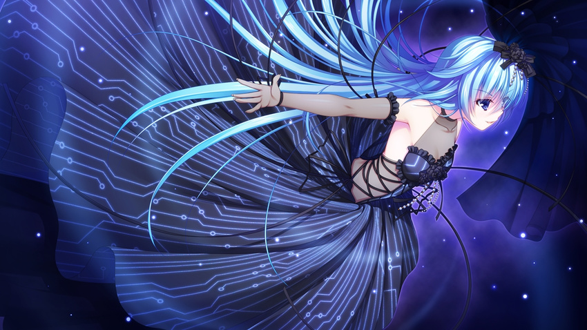 16:9 1girl applique_(company) asami_asami azurite blue_eyes blue_hair collarbone dress female game_cg long_hair re:birth_colony