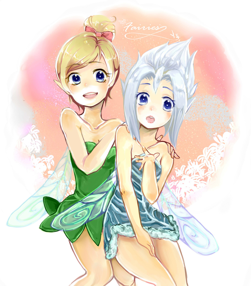 :o absurdres blonde_hair blue_eyes blue_skirt dress english fairy fairy_wings green_skirt hand_on_own_chest hand_on_own_thigh hands_on_another's_shoulders highres kamiroku211 multiple_girls periwinkle peter_pan_(disney) pointy_ears short_dress short_ponytail siblings silver_hair sisters skirt smile tinker_bell_(disney) wings
