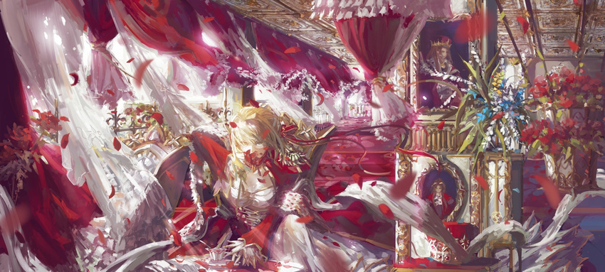 ahoge blonde_hair breasts dress fate/extra fate_(series) flower green_eyes highres medium_breasts nero_claudius_(fate) nero_claudius_(fate)_(all) painting_(object) petals red_dress stu_dts