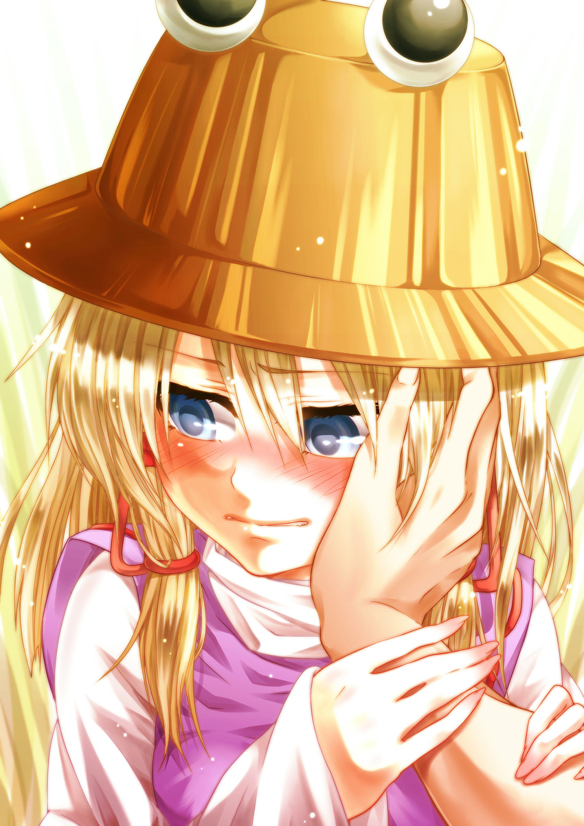 absurdres blonde_hair blue_eyes blush hair_ribbon hand_on_another's_cheek hand_on_another's_face hat highres moriya_suwako nora_wanko ribbon touhou wide_sleeves wrist_grab