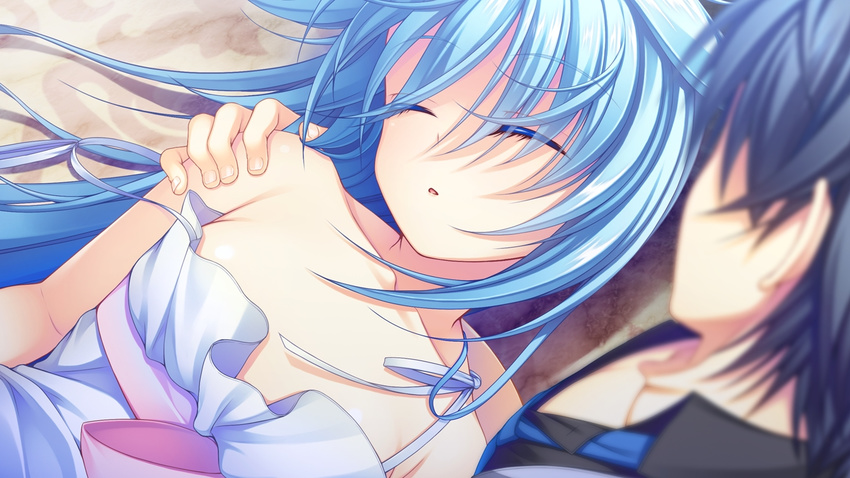 16:9 1girl applique_(company) asami_asami azurite blue_hair collarbone eyes_closed female game_cg long_hair re:birth_colony rindou_souji