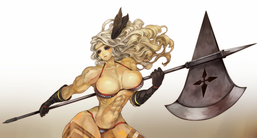 abs amazon_(dragon's_crown) armor bikini_armor black_gloves blue_eyes breasts circlet dom-dozz dragon's_crown feathers gloves hair_feathers halberd highres huge_weapon large_breasts lips long_hair muscle muscular_female navel platinum_blonde_hair polearm slender_waist solo thick_thighs thighs weapon