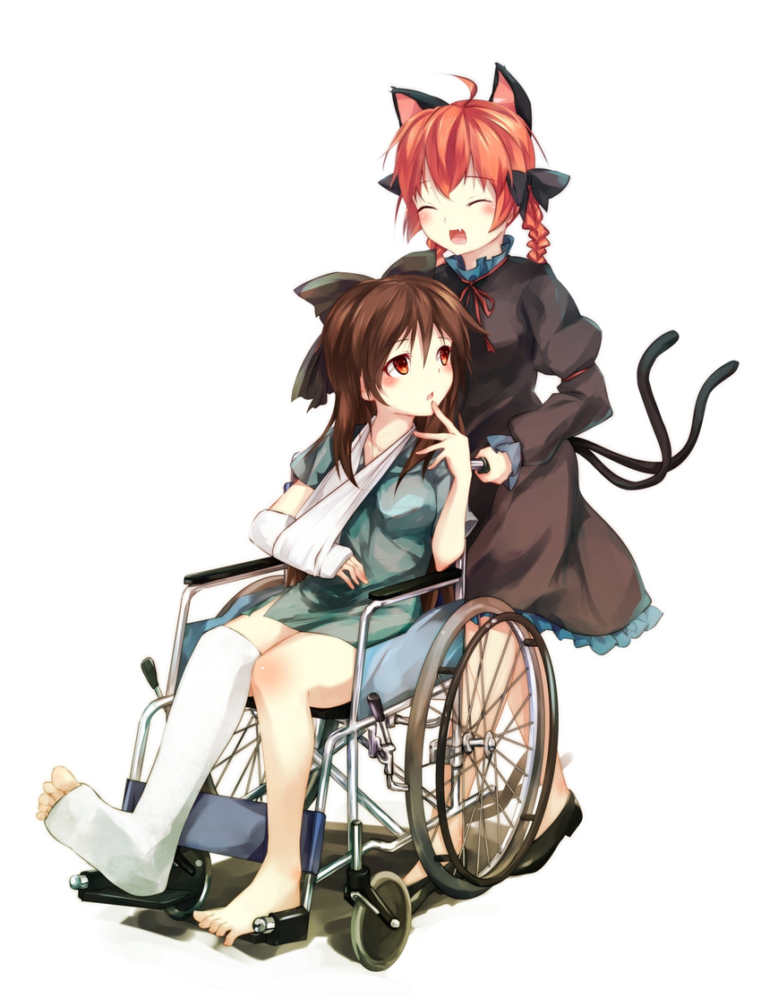 ahoge alternate_costume animal_ears bad_id bad_pixiv_id barefoot black_dress blush bow braid brown_hair cast cat_ears cat_tail closed_eyes dress fang finger_to_mouth gorilla_(bun0615) green_dress hair_bow highres juliet_sleeves kaenbyou_rin long_sleeves multiple_girls multiple_tails nekomata open_mouth puffy_sleeves red_hair reiuji_utsuho simple_background smile tail touhou twin_braids wheelchair white_background