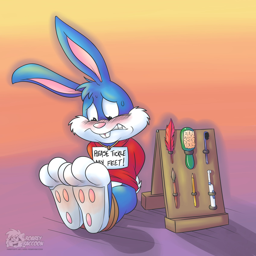 adventures bdsm big bondage bound brush buster buster_bunny captured feather foot_focus lagomorph mammal nervous pawpads paws rabbit roarey_raccoon scared sitting soles solo tickling tiny tiny_toon_adventures tiny_toons toes toons torture up warner_brothers