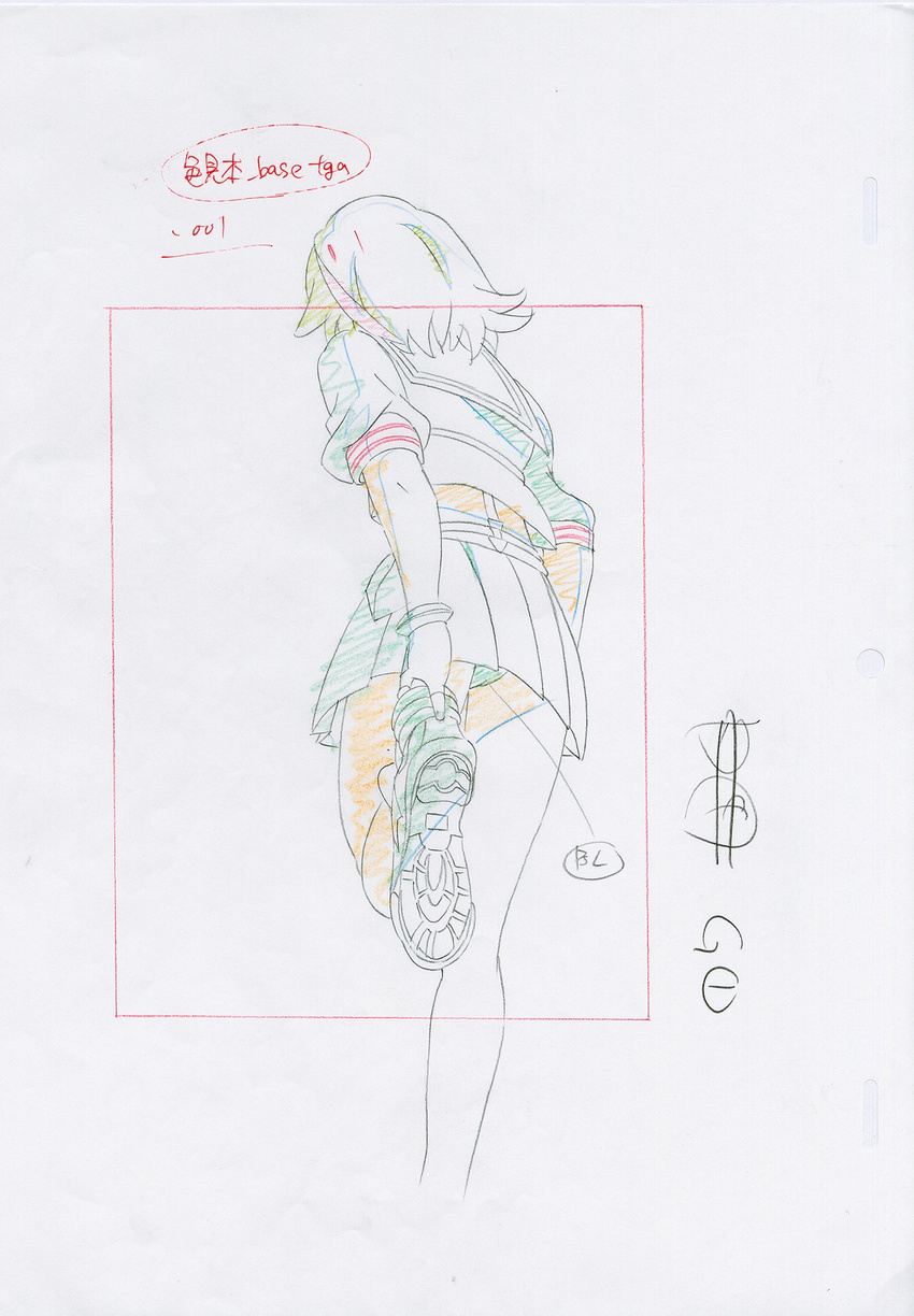 color_trace commentary dress highres key_frame kill_la_kill matoi_ryuuko official_art panties pantyshot pantyshot_(standing) partially_colored production_art promotional_art sailor_dress school_uniform senketsu shoes short_hair signature simple_background sketch skirt sneakers solo standing trigger_(company) underwear uniform white_background