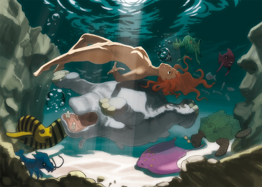 afloat air_bubble barefoot breath bubble bubble_blowing coral diving fish freediving hippopotamus holding_breath lobster long_hair monster nude original red_hair swimming turtle underwater water