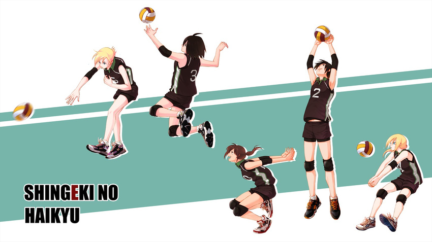 annie_leonhardt ball christa_renz elbow_pads gym_uniform hak_(fox0179) jumping knee_pads md5_mismatch mikasa_ackerman motion_blur multiple_girls sasha_braus shingeki_no_kyojin shoes spiking volleyball ymir_(shingeki_no_kyojin)