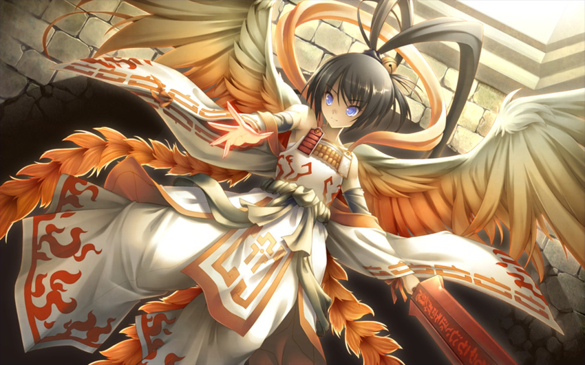 black_hair blue_eyes highres seinarukana_2 solo sword weapon wings