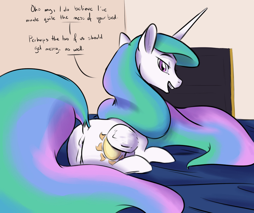 bed equine female feral friendship_is_magic hair horn horse mammal mane my_little_pony pony princess_celestia_(mlp) pussy sitting solo suggestive winged_unicorn wings