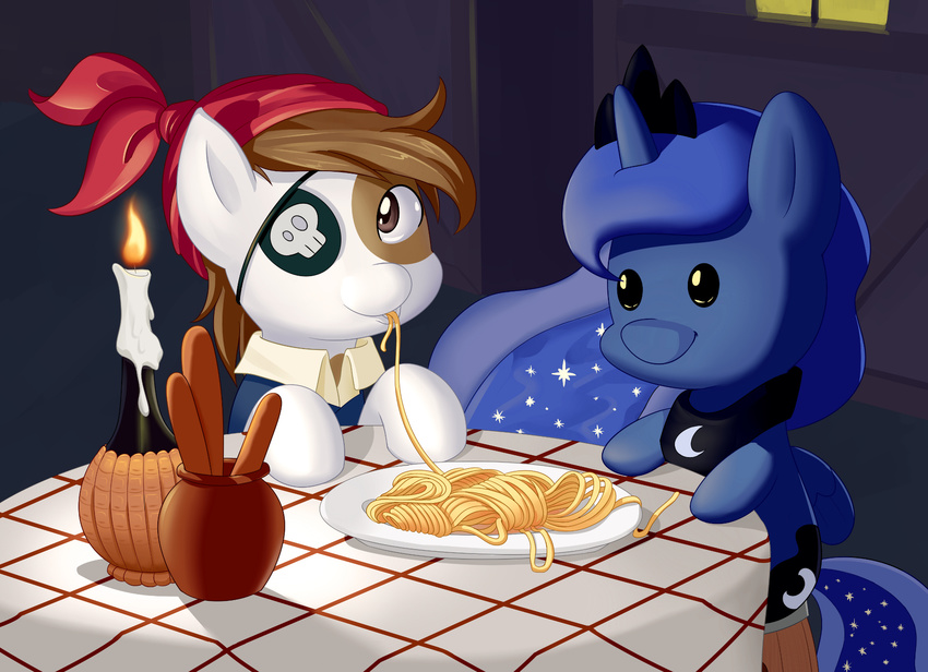 brown_eyes brown_hair candle candlelight crown cub cute cutie_mark do-rag dstears eating equine eye_patch eyewear feral friendship_is_magic fur hair horn horse looking_at_viewer male mammal multicolor_fur my_little_pony pipsqueak_(mlp) plate plushie pony princess_luna_(mlp) sitting skull spaghetti stool table tablecloth two_tone_fur window winged_unicorn wings young