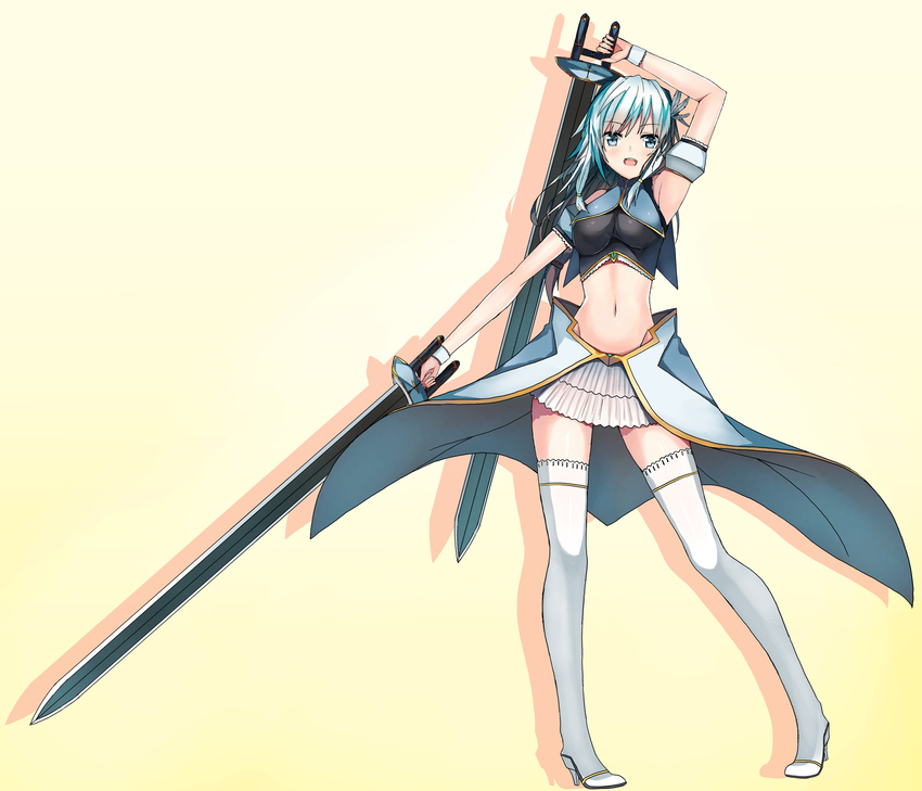 90i arm_up bad_id bad_pixiv_id blue_eyes blue_hair boots breast_hold breasts dual_wielding highres holding long_hair looking_at_viewer navel open_mouth original skirt solo sword thigh_boots thighhighs weapon