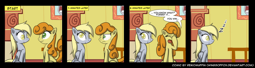 blonde_hair carrot_top_(mlp) comic cutie_mark derp_eyes derpy_hooves_(mlp) dialog english_text equine eyes_closed female feral friendship_is_magic frown fur green_eyes grey_fur hair horn horse inside long_hair mammal my_little_pony open_mouth orange_hair pegasus pony reikomuffin sitting sleeping smile stare text tongue unicorn wings yellow_eyes