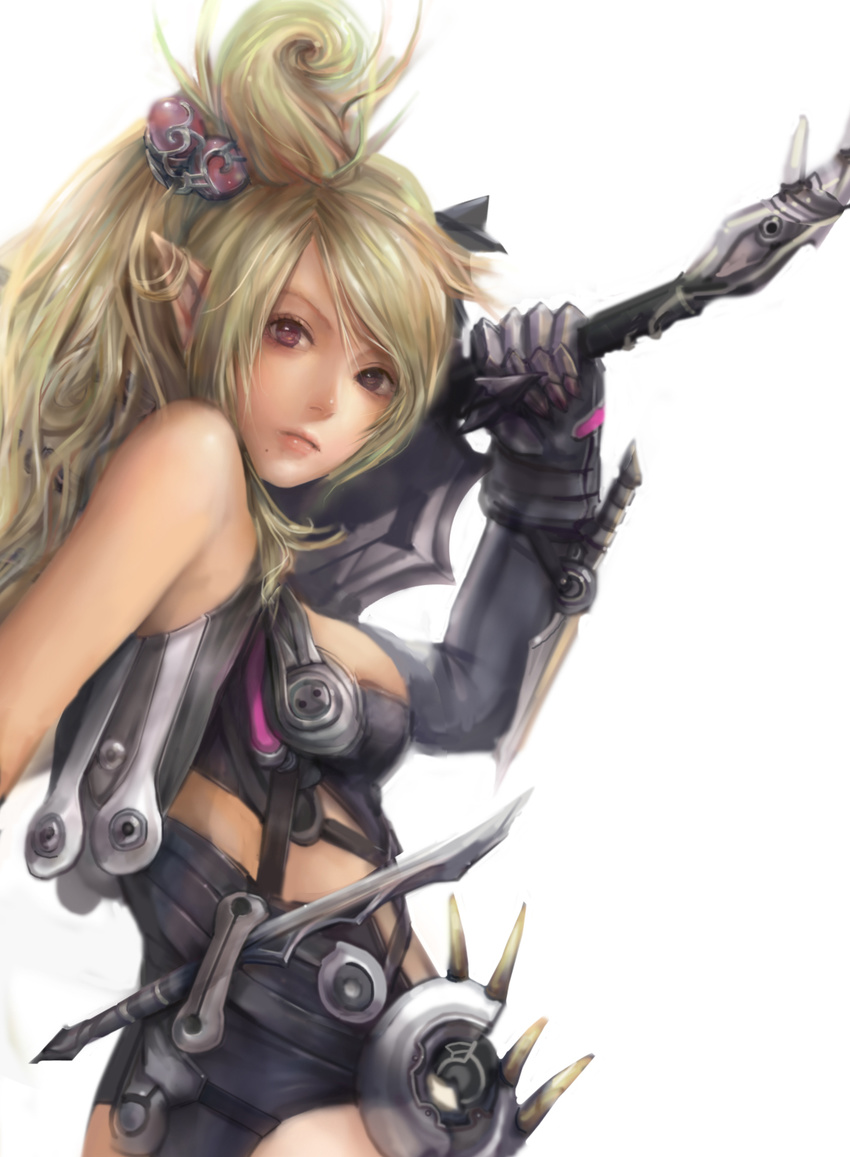 armor blonde_hair brown_eyes gauntlets hair_ornament highres long_hair miche mole mole_under_mouth original pointy_ears solo weapon