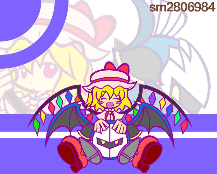 :d ^_^ ^o^ bat_wings blush closed_eyes crossover crystal demon_wings flandre_scarlet happy kirby_(series) mask meta_knight open_mouth parody puffy_short_sleeves puffy_sleeves puyopuyo puyopuyo_fever shoe_soles short_sleeves simple_background smile style_parody touhou white_background wings y&amp;k yellow_eyes