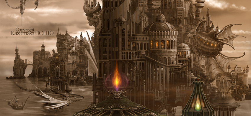 airship arch architecture artist_name boat bottle castle cloud english highres no_humans original scenery ship sky spire spot_color steampunk uchio_kazumasa water watercraft window