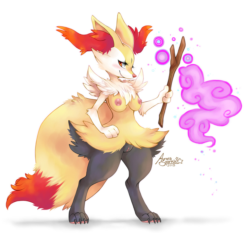 aurora-sparkle braixen breasts canine claws digitigrade female fennec fluffy_tail fox hi_res looking_at_viewer magic mammal nintendo nipples nude pawpads plain_background pok&#233;mon pok&eacute;mon pussy red_eyes solo standing stick video_games white_background wide_hips
