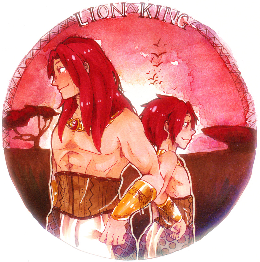 age_difference bad_id bad_pixiv_id circle father_and_son from_side haule highres humanization jewelry male_focus marker_(medium) multiple_boys necklace older red_hair shirtless simba sky the_lion_king time_paradox traditional_media watercolor_(medium) younger