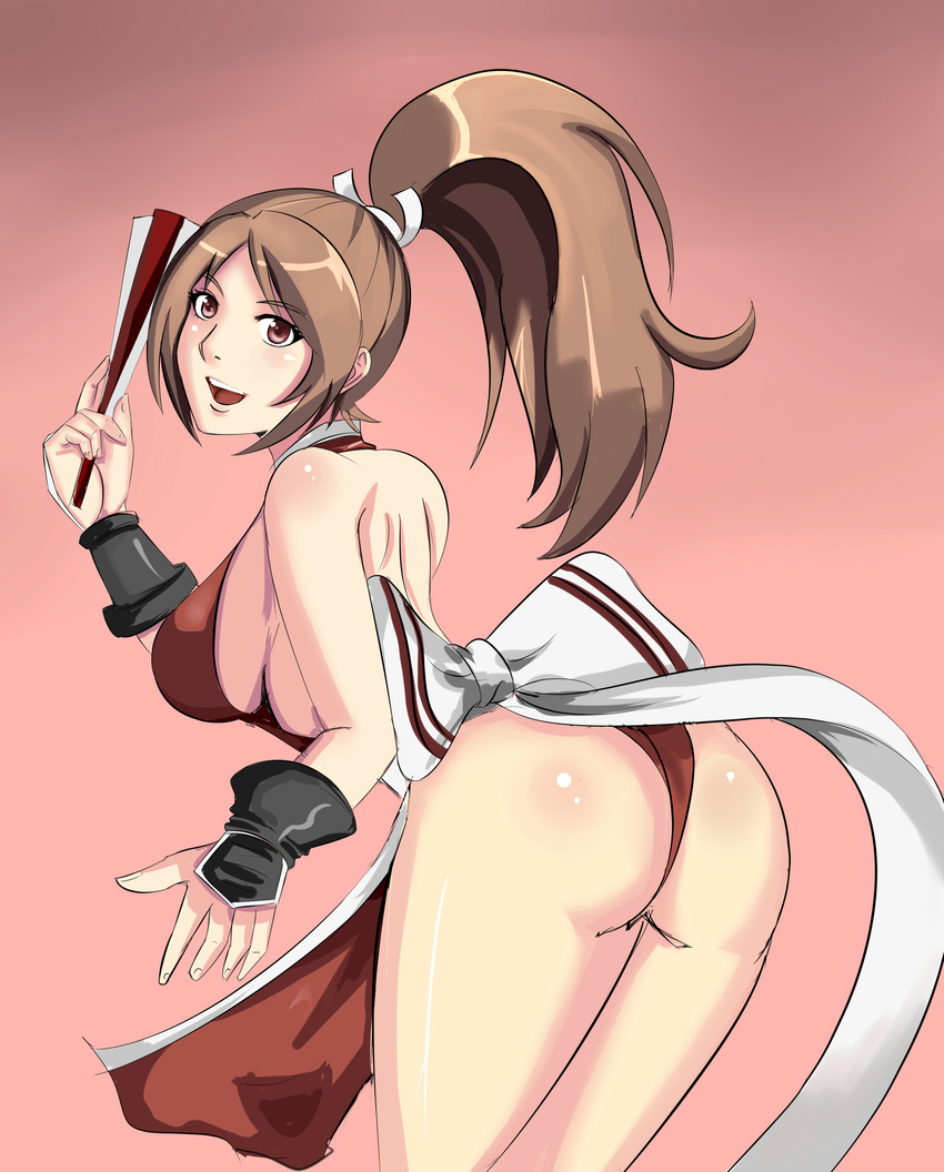 absurdres angel_pena_(angelox) ass bent_over breasts brown_eyes brown_hair closed_fan fan fatal_fury folding_fan from_behind highres large_breasts long_hair ninja pelvic_curtain ponytail shiranui_mai sideboob solo the_king_of_fighters