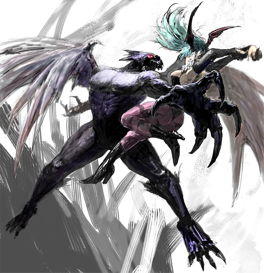 1girl animal_print aqua_hair bad_id bad_pixiv_id bat_print battle black_footwear boots bridal_gauntlets demitri_maximoff demon_girl duel flying head_wings high_heels long_hair monster morrigan_aensland pantyhose pink_legwear print_legwear succubus transformation vampire vampire_(game) yuza