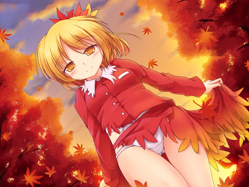 aki_shizuha autumn_leaves blush cloud dissolving_clothes hair_ornament highres long_sleeves looking_at_viewer lzh panties shirt skirt sky smile solo sunset touhou underwear white_panties yellow_eyes