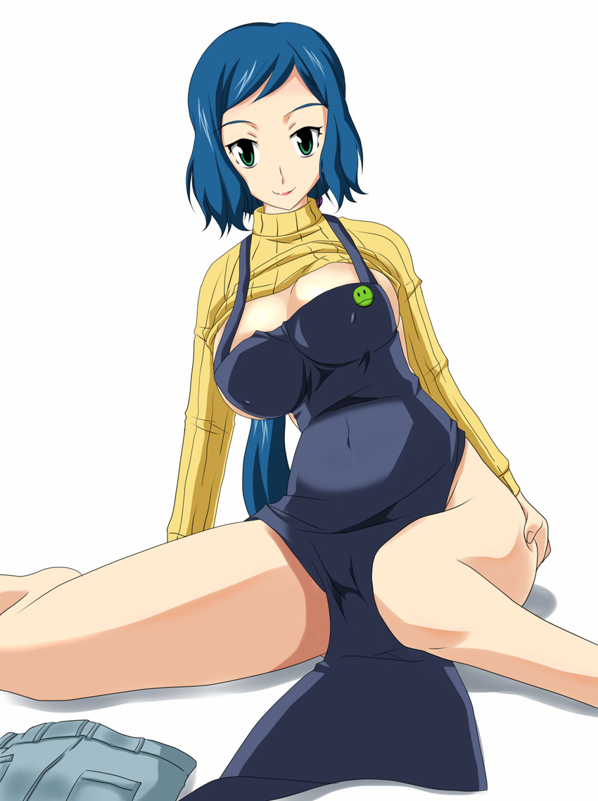 1girl apron ass ass_grab blue_hair breasts cleavage denim green_eyes gundam gundam_build_fighters highres huge_breasts iori_rinko jeans large_breasts lips long_hair looking_at_viewer milf naked_apron navel no_bra no_panties pants ponytail ribbed_sweater smile solo sweater sweater_lift turtleneck undressing