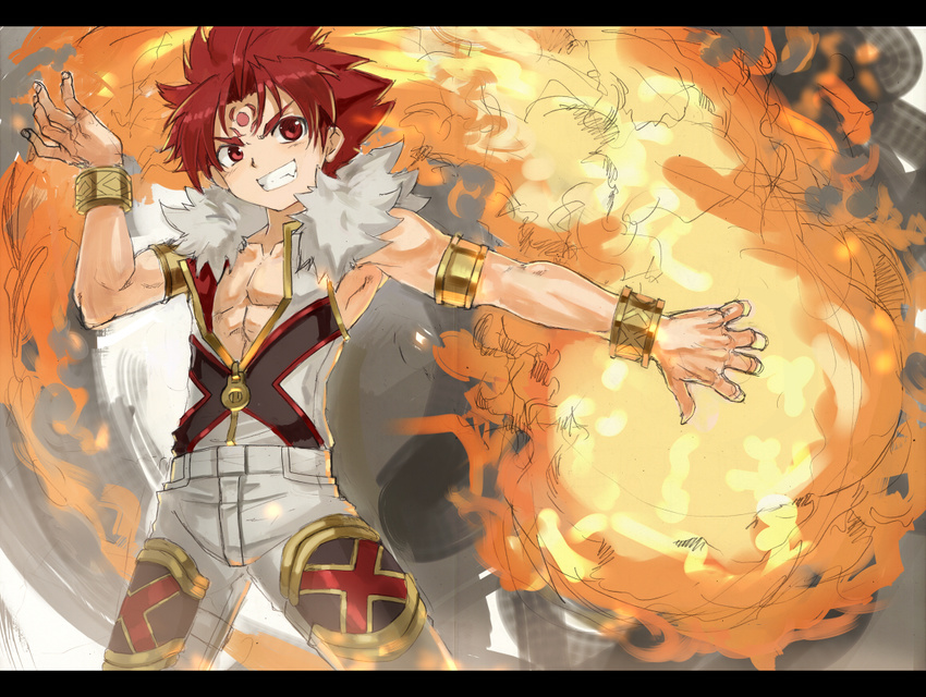 1boy appllo_(shinrabanshou) armlet bracelet child fang fire fireball grin highres jewelry lots_of_jewelry male male_focus muscle pants red_eyes red_hair shinrabansho shinrabanshou sleeveless sleeveless_vest smile solo tattoo teenage vest waseda_adesaw