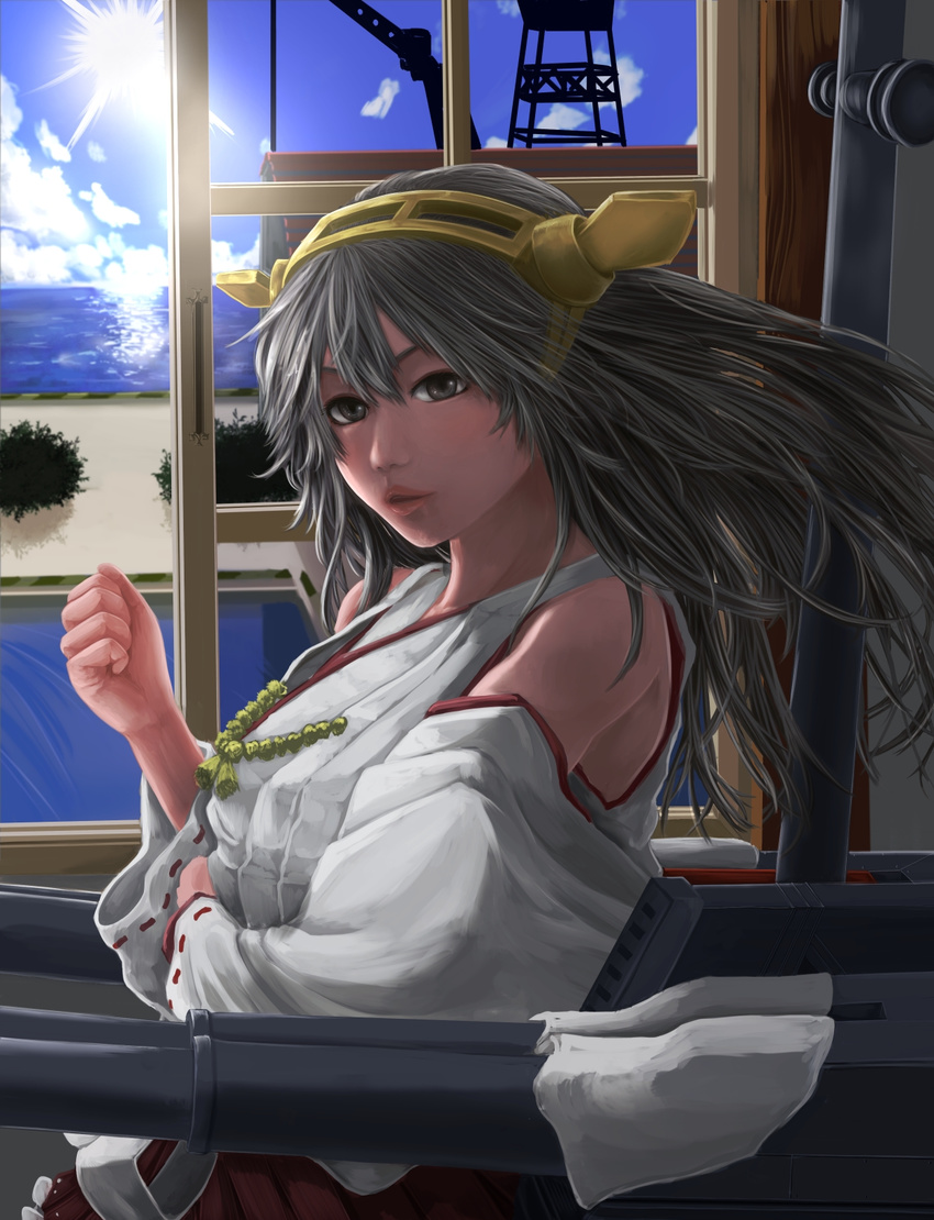 bad_id bad_pixiv_id blue_sky cannon chaki_(emeraldia) clenched_hand crane day detached_sleeves glint grey_eyes grey_hair haruna_(kantai_collection) headband headgear highres jewelry kantai_collection long_hair looking_at_viewer necklace nontraditional_miko open_window parted_lips rope shimenawa sky solo sun water window