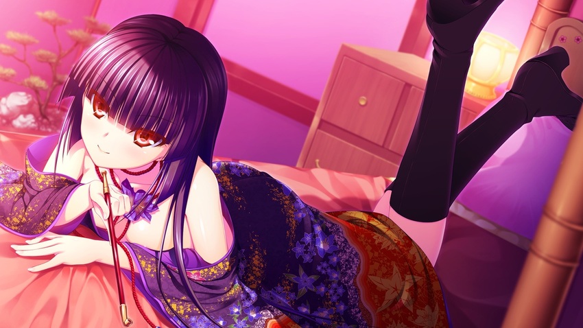 16:9 1girl asami_asami bare_shoulders black_hair boots breasts chest_of_drawers game_cg japanese_clothes long_hair looking_at_viewer lying no_bra on_stomach re:birth_colony red_eyes rindou_airi smile solo