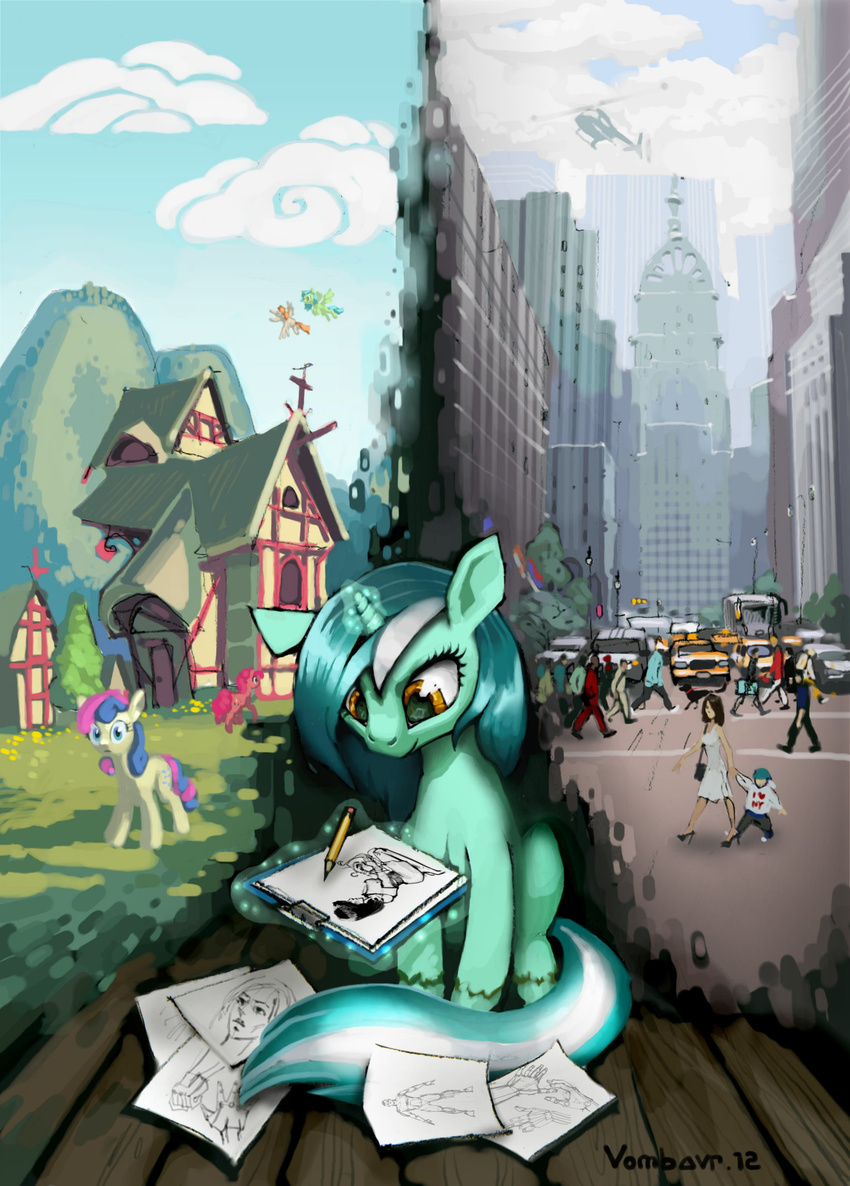 aircraft blue_hair bonbon_(mlp) building bus car chrysler_building city clipboard cloud creating_art drawing equine female feral flying friendship_is_magic glowing green_hair group hair helicopter hi_res horn horse house human levitation lyra_(mlp) lyra_heartstrings_(mlp) magic male mammal my_little_pony new_york paper pegasus pencil pink_hair pinkie_pie_(mlp) pony ponyville sky sparkles taxi two_tone_hair unicorn vombavr white_hair wings yellow_eyes young