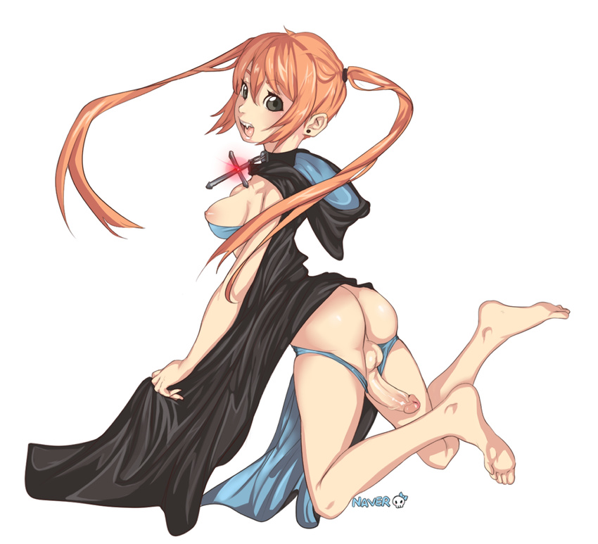 1girl artist_name ass barefoot breasts cross feet female futanari looking_at_viewer newhalf open_mouth orange_hair panties penis rukin simple_background solo suto_(naver) testicles twintails uncensored underwear vampire white_background