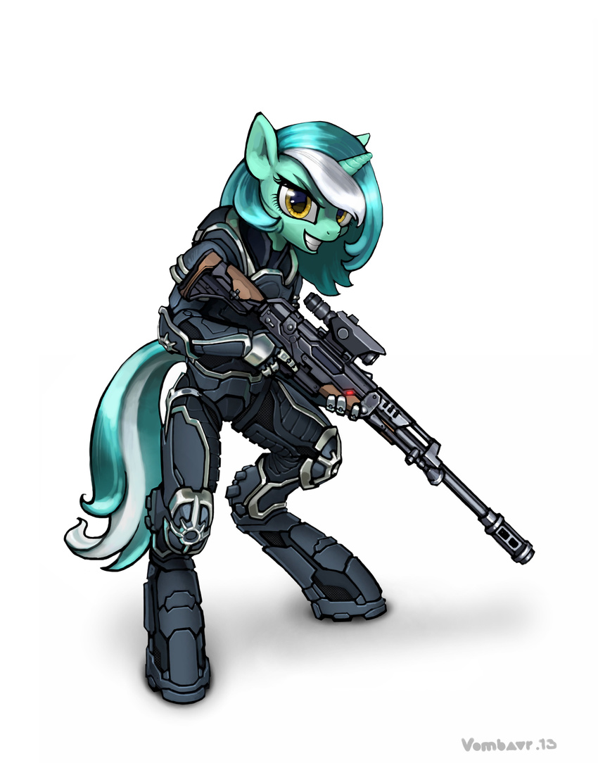 2013 absurd_res anthro anthrofied equine female friendship_is_magic green_hair gun hair hi_res horn horse looking_at_viewer lyra_(mlp) my_little_pony plain_background pony power_suit ranged_weapon rifle sci-fi sniper_rifle solo standing suit two_tone_hair unicorn vombavr weapon white_background white_hair yellow_eyes