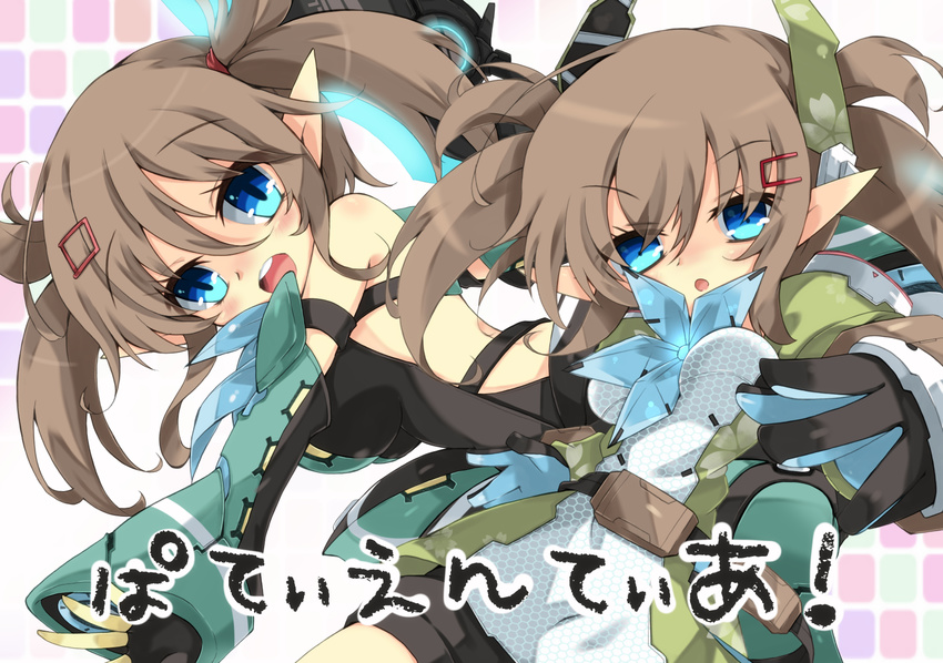 blue_eyes brown_hair milkpanda multiple_girls open_mouth patty_(pso2) phantasy_star phantasy_star_online_2 pointy_ears short_hair tiea twintails weapon