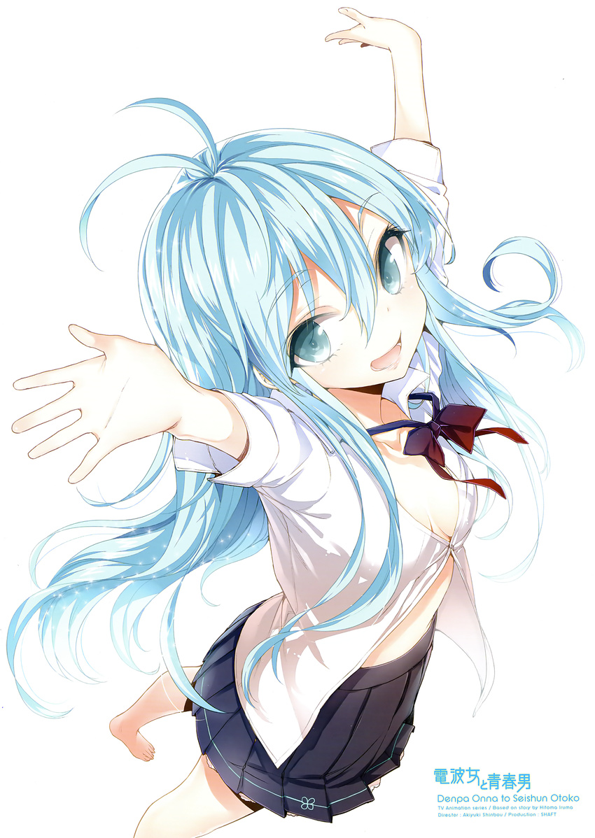 :d absurdres ahoge antenna_hair arms_up barefoot blue_eyes blue_hair bow bowtie breasts buriki cleavage copyright_name denpa_onna_to_seishun_otoko dress_shirt hands highres long_hair looking_at_viewer loose_bowtie official_art open_hands open_mouth outstretched_arms pleated_skirt school_uniform shirt simple_background skirt small_breasts smile solo spread_arms touwa_erio very_long_hair white_background white_shirt