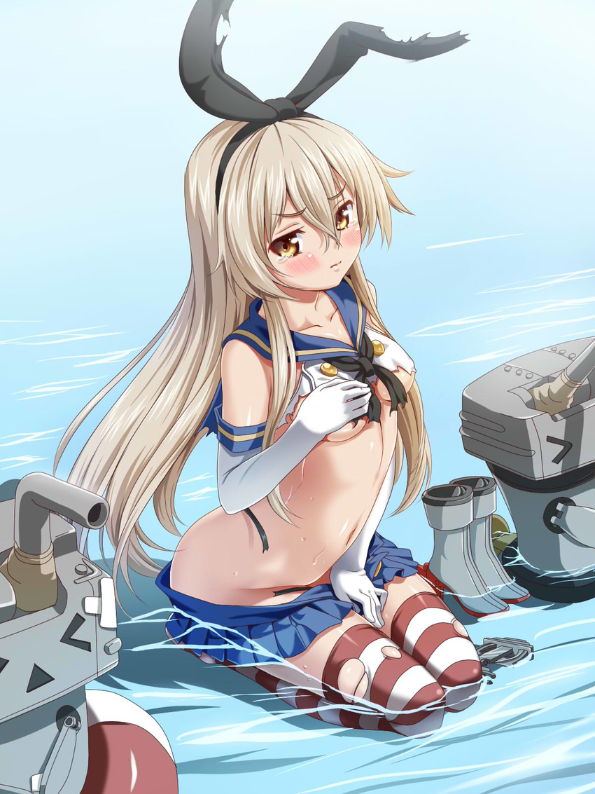 ankle_boots blonde_hair blush boots boots_removed covering covering_crotch covering_one_breast elbow_gloves gloves grey_footwear hair_ribbon highres kantai_collection kukuri_(ahagon) long_hair navel pleated_skirt ribbon seiza shimakaze_(kantai_collection) shoes_removed sitting skindentation skirt skirt_pull solo striped striped_legwear submerged tears thighhighs torn_clothes torn_legwear wet yellow_eyes