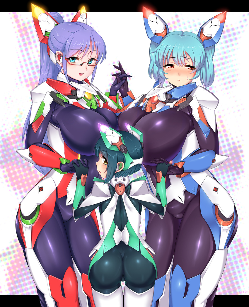 :&lt; age_difference aqua_eyes aqua_hair ass asymmetrical_docking blush bodysuit breast_press breasts brown_eyes embarrassed full-face_blush glasses glowing green_hair height_difference high_ponytail highres holding_hands huge_breasts interlocked_fingers letterboxed long_hair looking_at_viewer looking_away looking_back mecha_musume multiple_girls open_mouth original purple_hair red-framed_eyewear red_eyes semi-rimless_eyewear shiny shiny_clothes short_hair sideboob thigh_gap twintails under-rim_eyewear vuccha