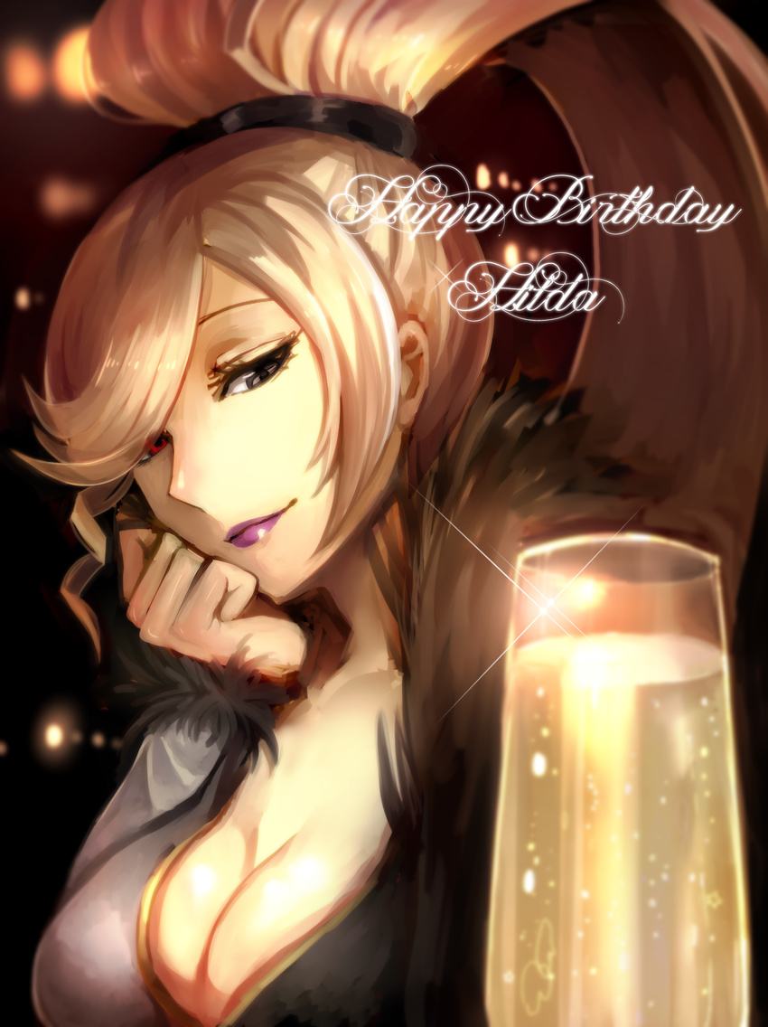 alcohol bad_id bad_pixiv_id banned_artist blonde_hair breasts champagne chin_rest cleavage green_eyes hair_over_one_eye half-closed_eyes happy_birthday heterochromia high_ponytail highres hilda_(under_night_in-birth) large_breasts light_smile lips lipstick long_hair makeup red_eyes solo under_night_in-birth yusano