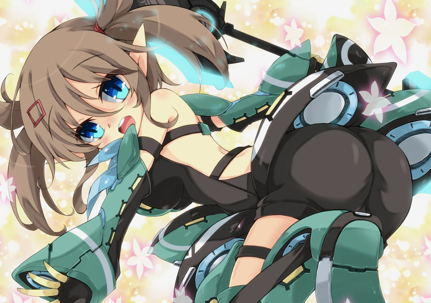ass blue_eyes brown_hair flower milkpanda open_mouth patty_(pso2) phantasy_star phantasy_star_online_2 pointy_ears short_hair twintails weapon