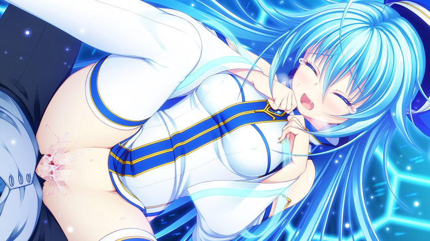 16:9 1girl applique_(company) asami_asami azurite blood blue_hair blush censored eyes_closed game_cg long_hair penis pussy re:birth_colony sex thighhighs vaginal virgin