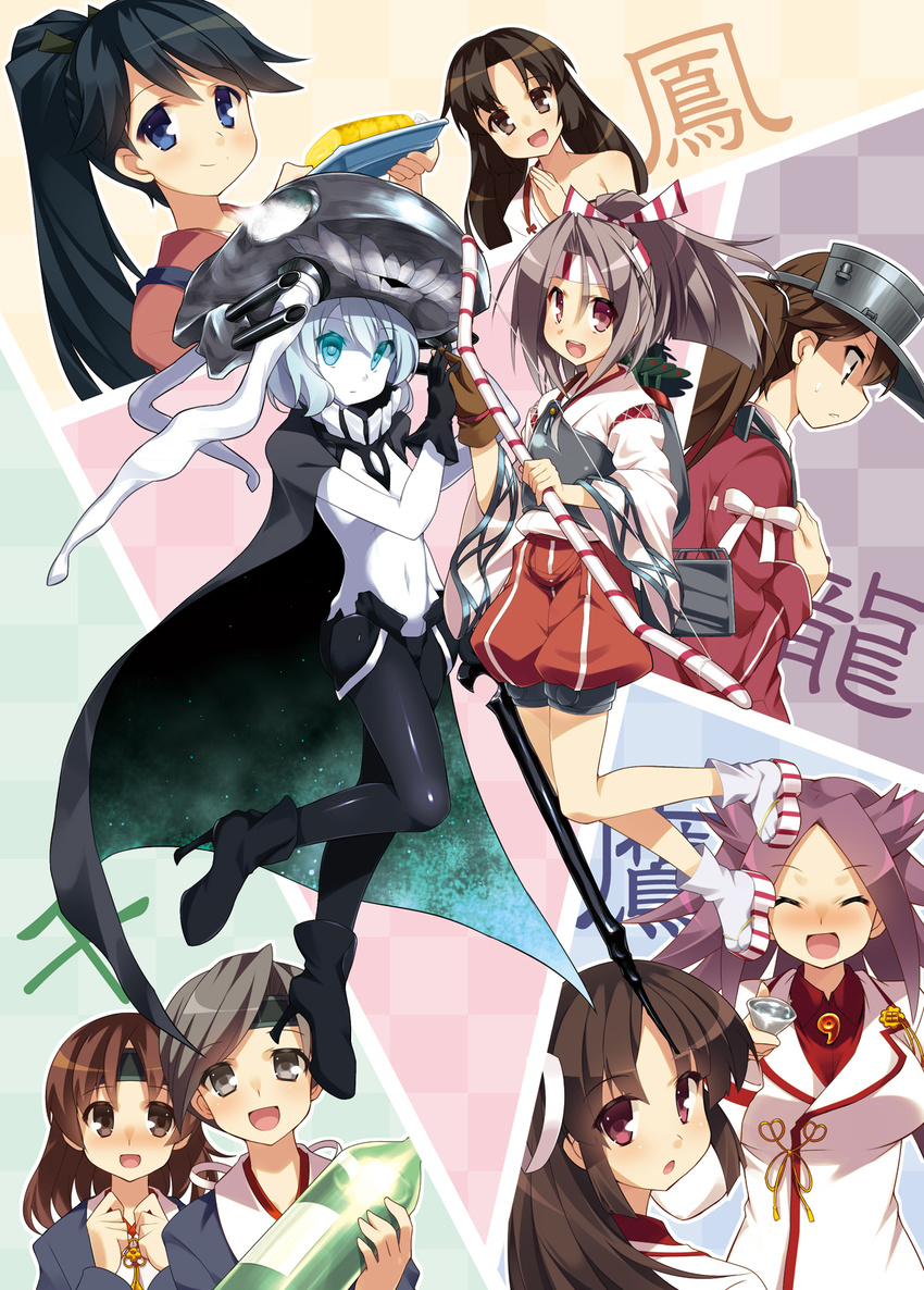 :d :o alcohol aqua_eyes armor black_hair blue_eyes blush bodysuit bottle bow_(weapon) brown_eyes brown_hair cape chitose_(kantai_collection) chiyoda_(kantai_collection) closed_eyes covered_navel food gloves grey_eyes hair_ribbon hat headband highres hiyou_(kantai_collection) hoppege houshou_(kantai_collection) japanese_clothes jun'you_(kantai_collection) kantai_collection looking_at_viewer magatama monster multiple_girls muneate navel omelet open_mouth pale_skin paneled_background partly_fingerless_gloves ponytail red_eyes red_hair ribbon ryuujou_(kantai_collection) sake sake_bottle sandals shinkaisei-kan shouhou_(kantai_collection) silver_hair smile socks tamagoyaki translated turret weapon white_hair wo-class_aircraft_carrier yugake zuihou_(kantai_collection)
