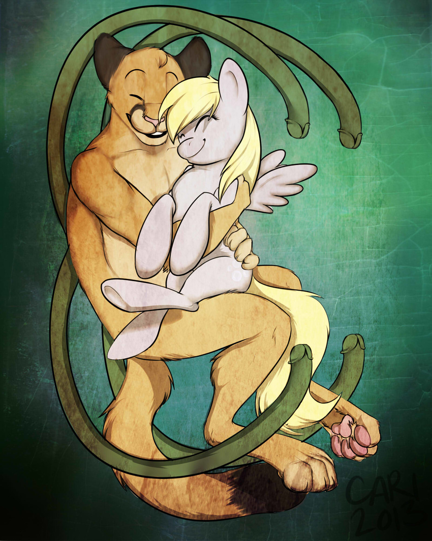 anthro blonde_hair brown_fur carifoxleopard cougar cuddling cutie_mark demon derpy_hooves_(mlp) duo equine eyes_closed feline female feral friendship_is_magic fur grey_fur hair horse hug male mammal my_little_pony paws pegasus pony rope tendrils tentacles wings