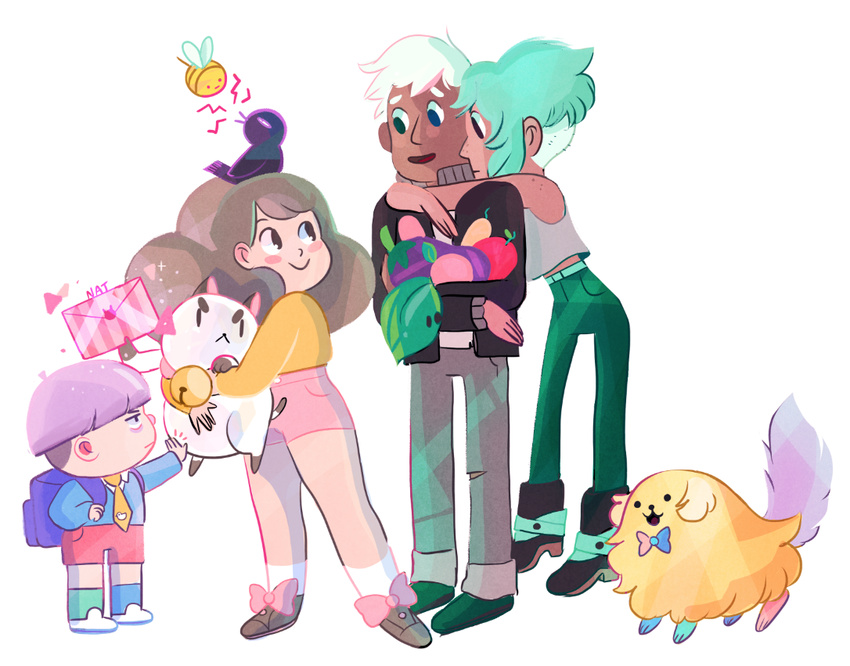 2girls :&lt; :3 :d animal animal_on_head artist_name backpack bag bee bee_(bee_and_puppycat) bee_and_puppycat bell bird bird_on_head blue_eyes blush_stickers bow bowl_cut brown_hair bug cardamon cass_(bee_and_puppycat) child dark_skin deckard_wizard dog envelope eye_contact food fruit green_eyes green_hair heterochromia hug insect jacket jingle_bell long_hair looking_at_another midriff multiple_boys multiple_girls natasha_allegri necktie on_head open_mouth puppycat short_hair shorts simple_background smile sparkle standing white_background white_hair |_|