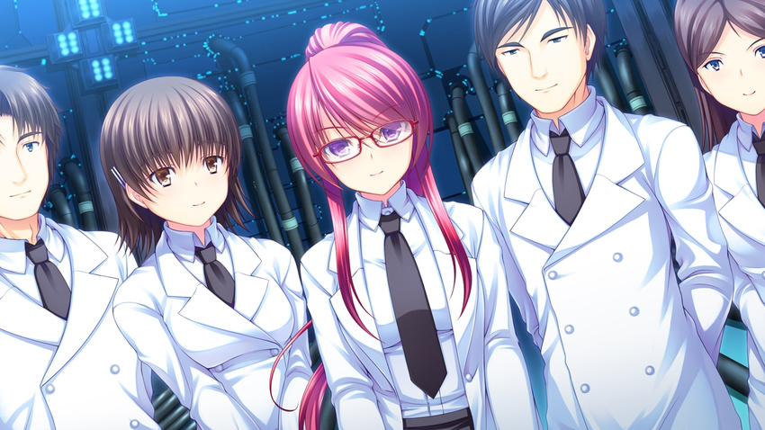 16:9 1boy 1boys 3girls asami_asami blonde_hair character_request game_cg glasses labcoat long_hair multiple_girls re:birth_colony rindou_ruri_(re:birth) smile