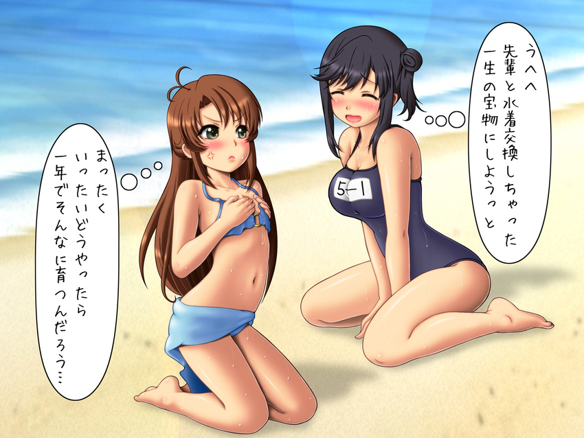 :&lt; :d ^_^ anger_vein barefoot beach bikini black_hair blue_sarong breast_envy brown_hair closed_eyes closed_mouth cosplay costume_switch green_eyes hands_on_own_chest highres ichijou_hotaru ichijou_hotaru_(cosplay) kimuti-g kneeling koshigaya_komari koshigaya_komari_(cosplay) lips long_hair multiple_girls navel non_non_biyori o-ring o-ring_top one-piece_swimsuit open_mouth sarong school_swimsuit smile swimsuit thought_bubble translated v-shaped_eyebrows