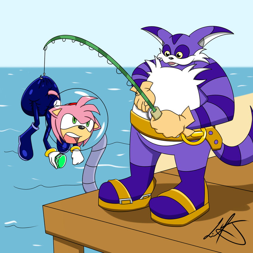 amy_rose anthro big_the_cat boots bubble_helmet chaos_emerald clothing diaper diving_suit feline female fishing_rod gloves green_eyes hair hanging hedgehog hook liljdude male mammal outside pier sand sandals seaside sega signature sketch sonic_(series) video_games water yellow_eyes