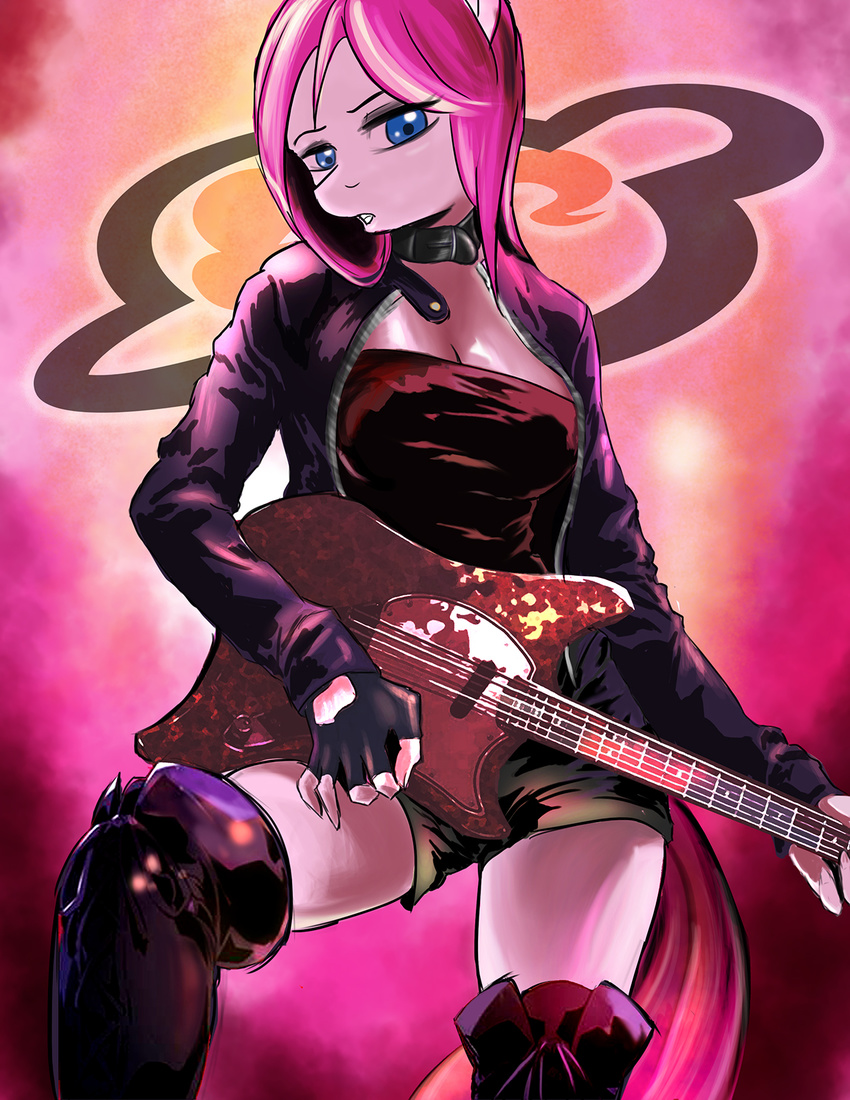 anthro anthrofied blue_eyes cleavage clothed clothing collar d-lowell electric_guitar equine female fender_swinger fingerless_gloves friendship_is_magic gloves guitar hair horse jacket legwear looking_at_viewer mammal my_little_pony pink_hair pinkamena_(mlp) pinkie_pie_(mlp) pony shirt solo stockings straight_hair